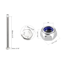 uxcell M6x80mm Hex Bolts 5pcs and M6x1mm Nylon Insert Hex Lock Nuts 304 Stainless Steel 10 Pcs