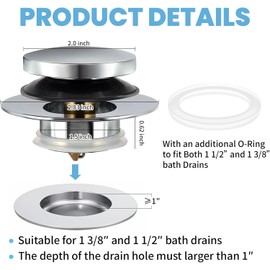 Universal Bathtub Drain Stopper,Bathroom Tub Drain Plug Pop Up,Replaces Bath Tuh Lift and Turn, Tip-Toe and Trip Lever, Solid Brass, Suitable for 1 3/8" and 1 1/2" Bath drains