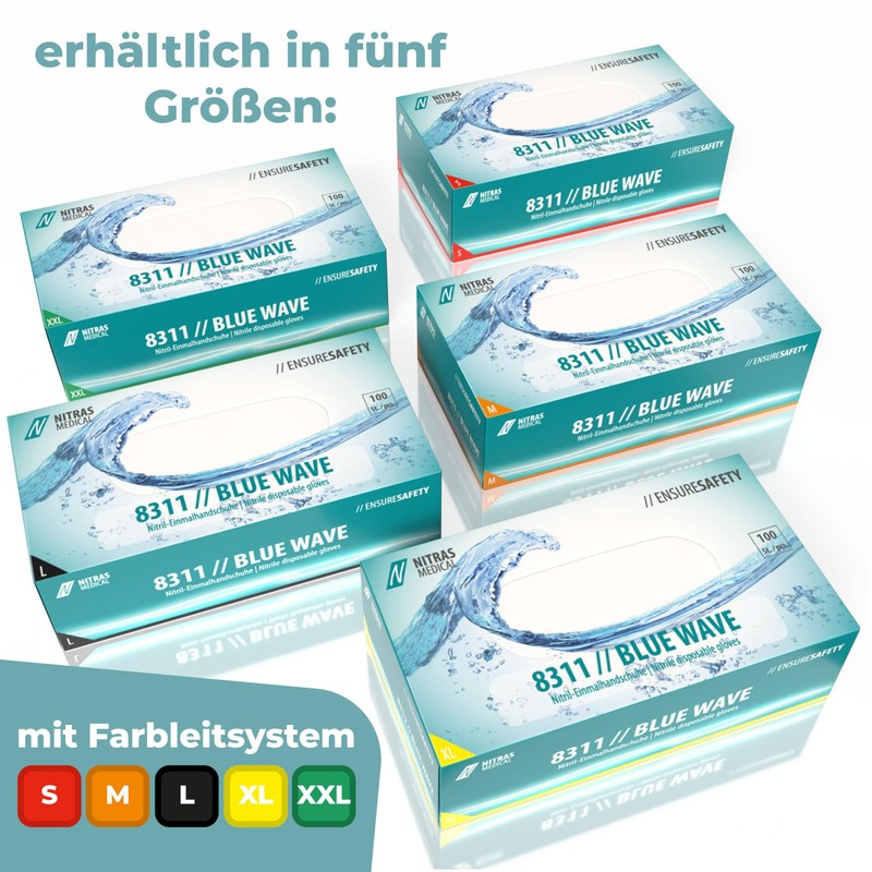 Nitras 8311 Blue Wave Non-Sterile, Medical, Food-Safe Nitrile Disposable Gloves,