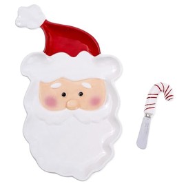 The Bridge Collection 13" Christmas Jolly Santa Claus Plate with Candy Cane Spreader - 2 Piece Set - Festive Holiday Serving Dish & Spreader