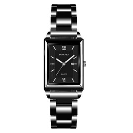 JewelryWe Womens Rectangular Wrist Watch: Analog Quartz Gold Sliver Black Adjustable Dress Watch Date Calendar Dial Elegant Watches Gifts for Girlfriend Mother Wife
