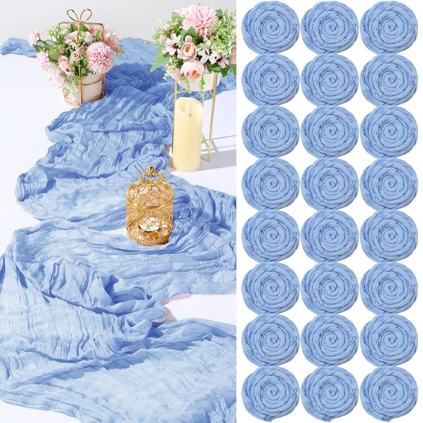 24 Pack 13ft Cheesecloth Table Runner 157 Inch Boho Gauze Table Runner Rustic Sheer Table Cloth Romantic Long Cheese Cloth for Wedding Bridal Birthday Party Table Decor (Light Blue)