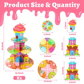 AwserTantue Candyland Cupcake Stand - 2Pcs 3-Tier Sweet Candy Cupcake Tower Cardboard Donut Lollipop Ice Cream Dessert Holder Table Decoration for Girls Themed Birthday Party Baby Shower Table Supply