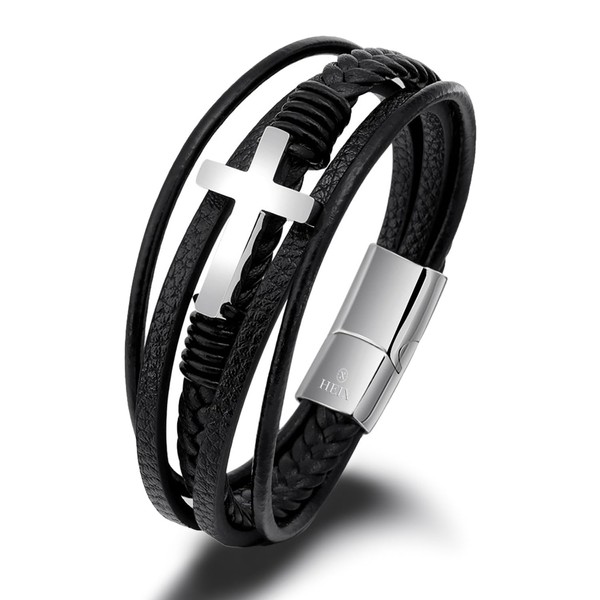 HEIX Mens Multilayer Braised black Leather Glossy Cross Bracelet Magnetic