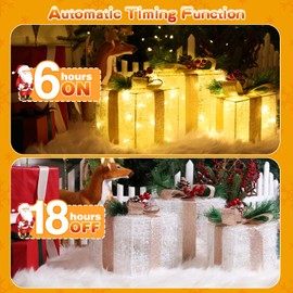 Set of 3 Lighted Boxes, Elegear 60 LED Light Up Christmas Decoration Boxes, 8 Modes & Timer Function Prelit Present Box Decorations for Outdoor Indoor Christmas Tree Yard Home Decor