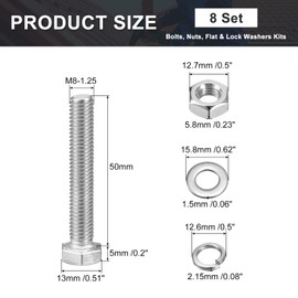 uxcell M8 x 50mm Hex Head Screws Bolts, Nuts, Flat & Lock Washers Kits, 304 Stainless Steel Fully Thread Hexagon Bolts 8 Sets