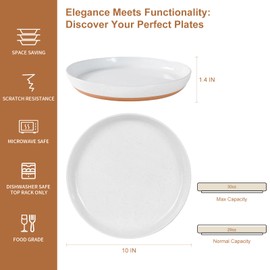 Yinshine 4 Piece Stoneware Plate Sets, White Ceramic Dinner Plates, 10 Inch Modern Porcelain Serving Plates, Scratch Resistant, Microwave&Dishwasher Safe,White(Brown Bottom)