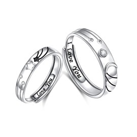 HOOHWE Moon and Star Matching Rings for Couples 925 Sterling Silver Adjustable Couple Rings Carved I LOVE YOU Promise Rings for Women Men