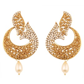 Touchstone Indian Bollywood curved fish Austrian crystals jewelry earrings in antique gold tone for women