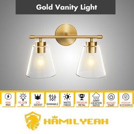 Hamilyeah Bathroom Vanity Light Fixtures Over Mirror, 2 Light Wall Light Fixture with Clear Glass Shade, Gold Sconces Wall Lighting for Bathroom, Kitchen, Living Room