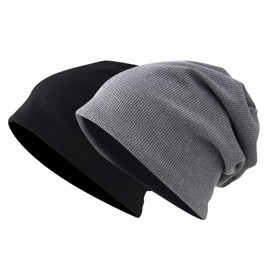 Thoquene Men's Slouch Beanie, Long Beanie Hats, Breathable Beany Hat, Pack of 2, Black and Grey