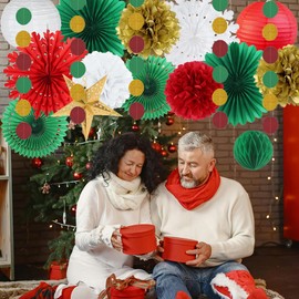 Christmas Party Decorations Christmas Paper Fans Red Green Gold Paper Pom Poms Honeycomb Balls Hanging Circle Dots Garland Gold Paper Star Lanterns for Christmas Xmas New Year Eve Hanging Party Decor