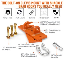 ONECHOI Tractor Bucket Hooks, Bolt On Clevis Mount with 1/2” Shackle, 5/16”Grab Hooks G70 Steel, Shackles Mount with Backer Plate, Heavy Duty Tow Hook for SUV RV UTV Tractors Bucket(Orange)