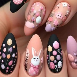 Easter Press on Nails Almond Fake Nails Matte Spring False Nails Tips with Cute Rabbit and Flower Designs Easter Egg Acrylic Nails Press Easter Day Glue on Nails Medium Stick on Nails for Women 24Pcs