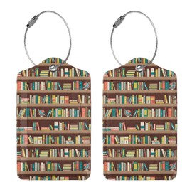 2 Pack Bookshelves Luggage Tags for Suitcases, PU Leather Bag Travel Suitcase Name ID Label and Metal Loop, Birthday Gift for Student Women Men