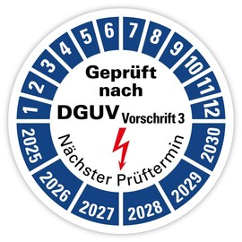Test Badge "Tested according to DGUV Regulation 3 | 2025-2030" Next Test Date Foil Blue Diameter 20-40 mm Made in Germany, Size: Diameter 30 mm, Material: Pack of 100