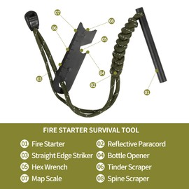 Ferro Rod Fire Starter and Magnesium Rod Kit – All-in-One Survival Fire Starter Tool with Flint and Steel, 6-in-1 Multi-Tool Scraper, Paracord Landyard Handle and Striker for Camping, Hiking, Hunting