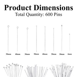 Mandala Crafts 600 PCs Open Eye Pins for Jewelry Making - Stainless Steel Head Pins for Making Jewelry - Bead Eye Pins for Earring Making Necklace Bracelet Clay Charms 30mm 40mm 50mm