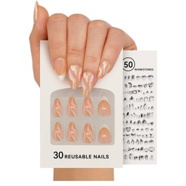 French Tip Acrylic Press on Nails,DIY With 50 Rhinestones for Charming Women,Short Almond Nails With Super Strong Glue,Violet,15 Sizes,30 Nail Kit