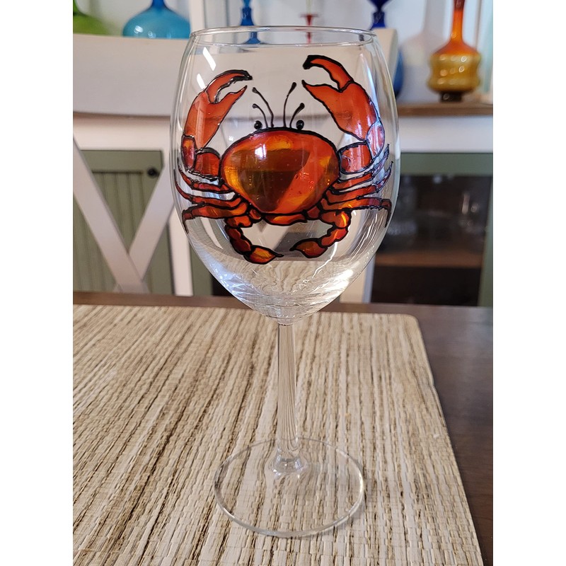 Red Crab Stemmed Hand Painted Wine Glasses Set of 2