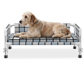 Elevated Raised Outdoor Dog Bed - Cooling Washable Dog Cot with Guardrail, Durable & Breathable Cotton Mesh Pet Hammock Beds with Stainless Steel Pipe Frame for Small Pets (Cushion-(M-))