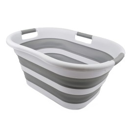 SAMMART 40L (10.5 gallon) Collapsible Plastic Laundry Basket - Space Saving Storage Container - Portable Washing Tub - Foldable Pop Up Hamper/Basket (1, White/Grey)