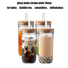 Clear Glass Boba Straws Reusable: Large Straws for Smoothies Milkshake Straws 10 inch 14mm Long Glass Straws Wide Reusable Boba Sstraws Glass Jumbo Glass Drinking Straws