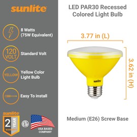 Sunlite 81471 LED PAR30 Short Neck Colored Recessed Bug Light Bulb, 8 watt (75w Equivalent), Medium (E26) Base, Floodlight, ETL Listed, Yellow, 1 Count