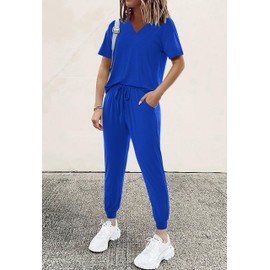 MASCOMODA Womens 2 Piece Outfits Summer Casual V Neck Short Sleeve Tops Long Pants Tracksuit Lounge Jogger Set with Pockets, Royal Blue, Large