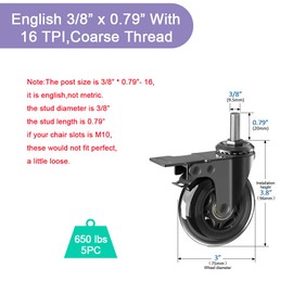 MALLLALA Caster Wheels Sets 5 (2 w Safety Dual Brakes,3 No Brake),3 inch Heavy Duty Swivel Castors with 3/8"-16UNC Threaded Stem,No Noise Rubber Wheel,Protection of Hardwood,Carpet,Fit Chair,Workbench