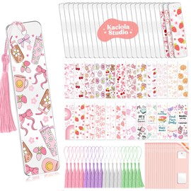 Kaciola 24PCS Acrylic Bookmark Blanks with 24PCS Pink Bow Theme UV DTF Stickers and 4 Colors Tassels,Blank Bookmarks Waterproof UV DTF Transfers Stickers for DIY Crafts Hanging Tag Gift Bookmarks DIY