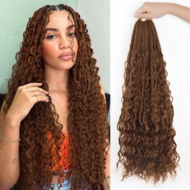Boho Crochet Braids Pure Protein Fiber Close to Human Hair Goddess Box Braids with Soft Curls Bohemian Box Braid Crochet Braiding Hair Extensions (14Inch,30#)