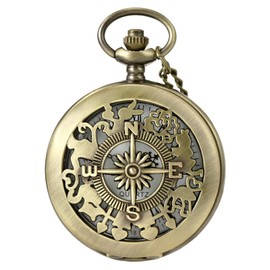 MORFONG Vintage Pocket Watch Quartz Pocket Watch with Necklace Hollow Compass Roman Numerals Pocket Watch for Men Women Father Grandpa Birthday Anniversary, bronze, Antique