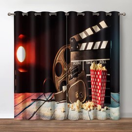 Jekeno Movie Theater Blackout Curtains, Vintage Home Cinema Print Decor Darkening Grommet Window Drapes for Bedroom Living Room, 52 Wide 84 Long inches 2 Panels