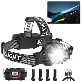 Super Bright LED Headlamp, High Lumen Rechargeable Head Lamp with Motion Sensor, 5 Modes, IPX5 Waterproof, 90° Adjustable, Zoomable Head Lights for Adults, Hard Hat, Outdoor, Camping