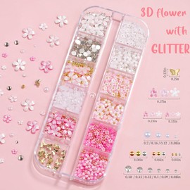 editTime 3D Glitter Flower Nail Art Charms, White Pink Rose Acrylic Cherry Blossom Spring Petal Metal Gold Silver Round Caviar Beads Studs Pearl Rhinestones for Manicure Craft DIY (9-K3-glitter)