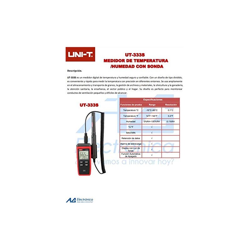 UNI-T UT333S Digital Meter Temperature and Humidity with Bluetooth, -10°C-60°C/14°F-140°F,