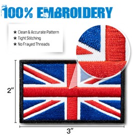 Anley Tactical Parches bordados de la bandera del Reino Unido (2 unidades) - 2 "x 3" Parche de emblema militar para coser con uniforme militar de la bandera del Reino Unido - Sujetadores de bucle y gancho que se fijan a sombreros, prendas y engranajes tá