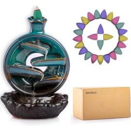 BAONUO Backflow Incense Burner, Backflow Incense Burner, Ceramic, 30 Incense Sticks + with 100 Incense Cones, Smoking Waterfall for Aromatherapy Ornament and Home Decor