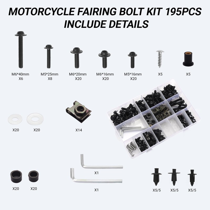 OURONOTO 195Pcs Motorcycle Fairing Bolt Kit, 304 Stainless Steel M5