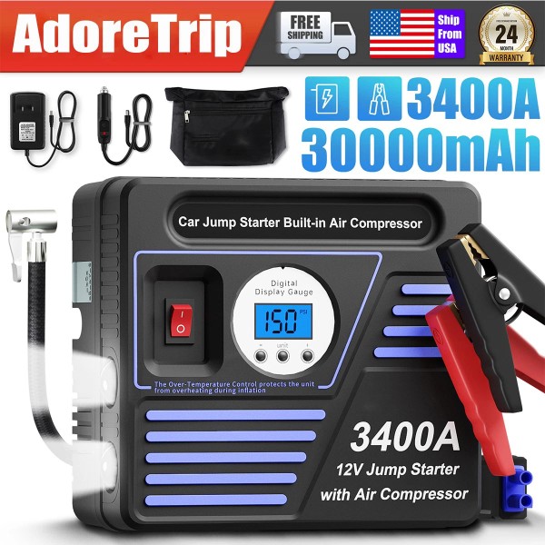 AdoreTrip 3400A Car Jump Starter + Air Compressor Battery Power