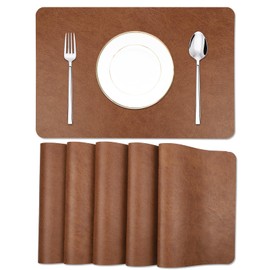 EDanle Cowhide Pattern Faux Leather Placemats Set of 6,Heat Resistant Non-Slip Waterproof Wipeable Washable Kitchen Dining PU Table Place Mats,Double-Sides Available,Dark Coffee