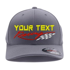 Custom Embroidered Racing Flex Baseball Cap. Your Racing Logo or Name here. Flex Baseball 6277/6477 Wooly Combed Cap (Grey, L/XL)