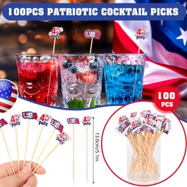 OOTSR 100Pcs 4th of July Cocktail Picks, 5.1inch Red White Blue Decorative Toothpicks for Appetizers Bamboo Cocktail Skewers Sticks for Independence Day Party Decoration Supplies