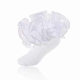 MKYSZLT Girls Ruffle Socks Toddler 4-Layer Big Lace Frilly Dress Socks Turn Cuff Fancy Pageant Sock for Baby Girl Little Kids (US, Age, 1 Year, 3 Years, white - 1 pair)