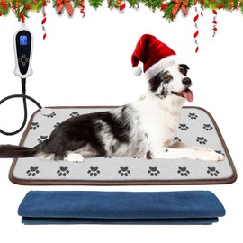Bestio Cat Heating Pad,34x21 in Dog Heating Pad,Electric Pet Heating Pad with Adjustable Thermostat (1-24 Hours) and Chew Resistant Steel Cord,Outdoor Heating Pad for Dogs with One Blue Plush Cover