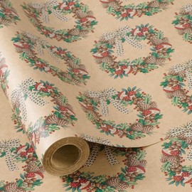 RUSPEPA Kraft Christmas Wrapping Paper Roll, Mini Roll, Wreath Design with Pinecone, Berry & Polka Dot Bow, Kraft Gift Wrap for Kids, Women, Holiday, Winter Party, Rustic Theme, 17 Inches x 16.4 Feet