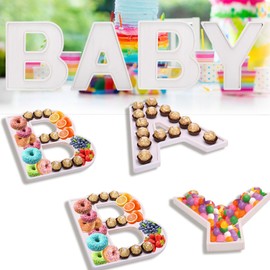 4PCS Wooden” Baby” Charcuterie Letters 12 Inch Fillable Cardboard Letters for Baby Shower, Cupcake Chocolate Candy Dessert Wood Decorative Tray for Baby Shower Party Food Dessert Table (Baby-White)
