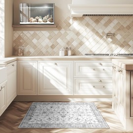 RELEANY Alfombra Floral Tapete de Sala, Lavable Boho Antideslizantes Vintage Tapete, Alfombra Suave Hogar Decoracion para Cocina y Dormitorio, Gris/Blanco(60 x 90 CM)