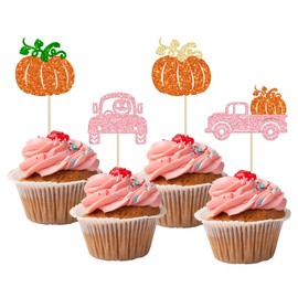 24 piezas de decoración de calabaza, camión de cosecha con purpurina, decoración de tartas, decoración para cosecha, día de Acción de Gracias, boda, fiesta de cumpleaños, color rosa